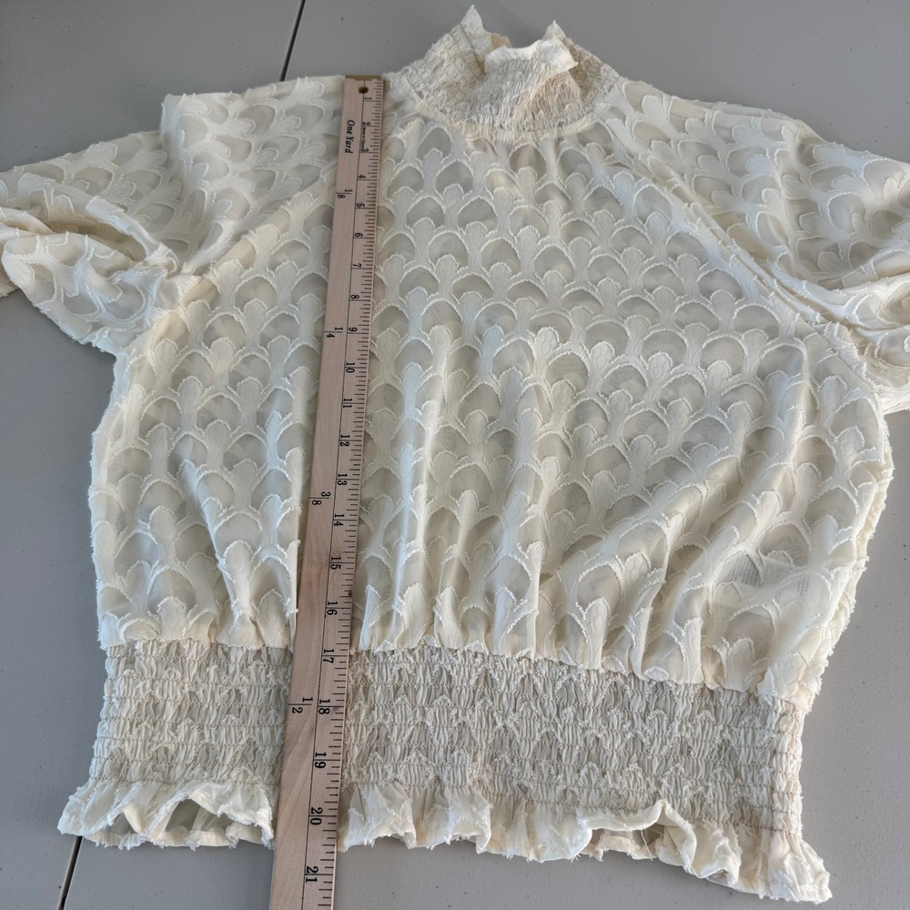HM Smocked Mock Neck Blouse 10 Cream Sheer Victorian Coquette Cottagecore Boho - Picture 8 of 12